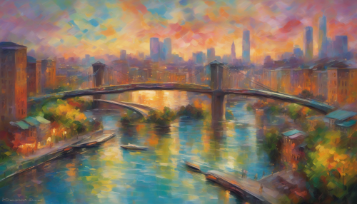 Capture the enchanting essence of Whirlpool City through the lens of Impressionism. Vivid strokes of color create a swirling skyline, where the iconic bridge melds with the dynamic waters below, reflecting soft hues of sunset. Lush greenery flanks the streets, while people wander, their forms blurred in joyful motion, embodying the city's vibrant spirit and ever-changing beauty.