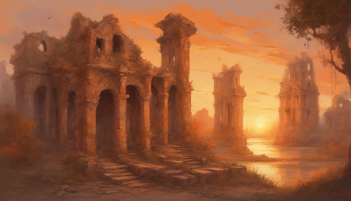 Warm orange hues dance across crumbling structures, as hand-drawn ruins fade into a serene sunset, evoking a sense of timeless wonder and forgotten lore, with intricate details and textures inviting the viewer to step into a bygone era.