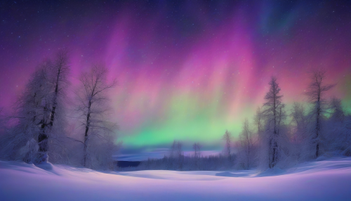 A mesmerizing snowfield stretches beneath a dazzling aurora, where vibrant colors dance across the night sky. Each snowflake sparkles like a diamond, reflecting the ethereal hues above. Silhouetted trees stand tall, their branches lightly dusted with snow, adding to the magical atmosphere. This scene captures the serene beauty and profound symbolism of nature’s wonder, inviting viewers into a tranquil dreamscape.