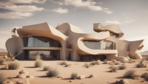 This architectural marvel is a mesmerizing fusion of Postmodernism style with the alluring charm of timeless desert ruins. The compelling design employs asymmetrical structures, unexpected forms, and clashing materials, echoing the non-linear narrative of postmodernism. Simultaneously, the essence of barren but beautiful desert ruins is captured through a majestic central edifice that mimics a weather-beaten, ancient structure. The purposely unfinished appearance, vast open spaces, and warm sandy hues resurrect the mystery and romance of forgotten civilizations, creating an ambiance of timeless nostalgia amidst modern chaos.