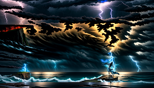 A lone figure stands on a rainy cliff, wind whipping their hair, as lightning illuminates a turbulent sea below, reflecting the turmoil in their eyes, with waves crashing against the rocks in a mesmerizing dance of nature's fury.