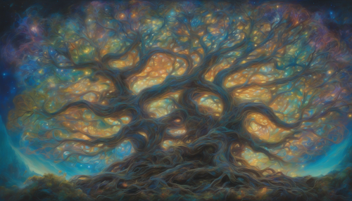 Imagine a colossal, ancient tree, its gnarled branches sprawling towards the stars, illuminated by swirling ribbons of vibrant light. The painting captures the ethereal glow of bioluminescent flora entwined among its roots, while the air shimmers with motes of luminescence. Each brushstroke reflects the wisdom of ages past, inviting viewers to explore the depths of nature and knowledge intertwined in a cosmic dance.