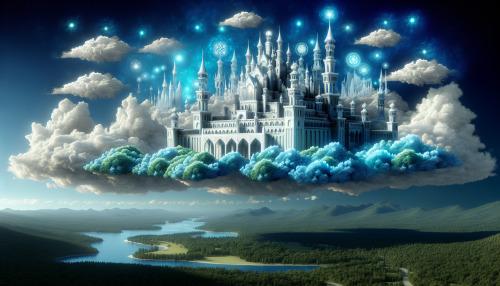 Overlooking a lush wilderness of forested peaks and gentle rivers, the Sky Castle floats upon the ethereal canvas of the heavens. Its ivory towers and azure rooftops are etched with elegant details, in pure concept art style, radiating a surreal glow against the backdrop of the celestial sphere. Echoes of grand arches, slender spires, and entrancing lacework balconies, mark the castle's outline. The entire structure is adorned with ethereal luminescence, creating a mesmerising paradoxical blend of solidity and translucence, almost as if carved out of clouds themselves.