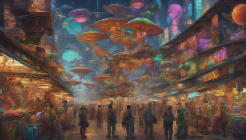 Vibrant alien species haggle over rare goods, amidst a kaleidoscope of colorful stalls and towering space ships, in a bustling market that never sleeps, filled with exotic delights and mysterious energies.