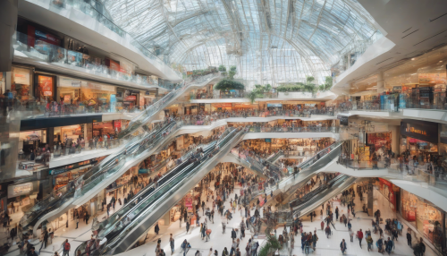 A bustling shopping center filled with diverse people, colorful storefronts, and flashy advertisements, surrounded by sleek escalators and staircases, under a massive glass roof with natural light pouring in.