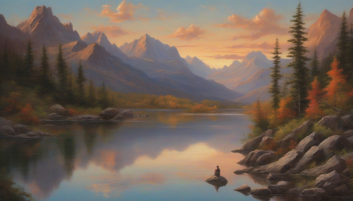 Capture the tranquil beauty of a secluded mountain lake, framed by towering, rugged peaks. The water reflects the vibrant colors of a sunset, while the foreground features a detailed, realistic portrait of a serene figure gazing at the landscape. Rich textures of the foliage and the gentle ripples in the water enhance the sense of peace and connection to nature.