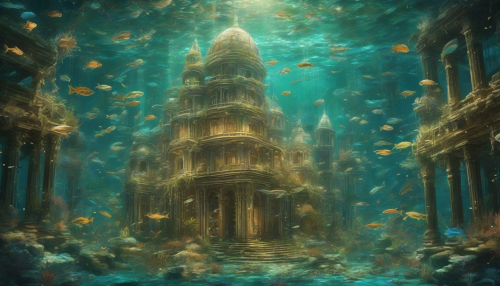 A mesmerizing kinetic art piece featuring an ancient underwater palace, with intricate details and swirling seaweed, as schools of fish dart through the ruins, surrounded by shimmering aquatic lights and gentle ocean currents.