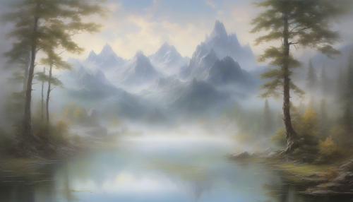 Hidden Mountain Lake's tranquil surface mirrors the majestic surrounding peaks, as a gentle mist ascends, veiling the landscape in an ethereal aura, with trees leaning towards the water's edge, their leaves whispering ancient secrets to the wind.