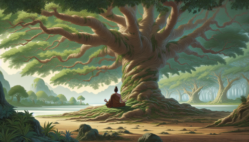 Under the wise and sprawling canopy of the Ancient Tree of Knowledge, find solace in meditation and spirituality, surrounded by whispers of timeless wisdom, soothing leaves, and the gentle rustle of an eternal breeze.