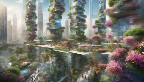 Envision a bustling metropolis where sleek skyscrapers blend seamlessly with ethereal floating gardens made of shimmering crystals. These vibrant gardens cascade with lush greenery and colorful blossoms, suspended in the air among the city’s concrete and glass. The contrast of nature's beauty against the urban backdrop invites a tranquil escape, transforming urban life into a surreal, harmonious experience.