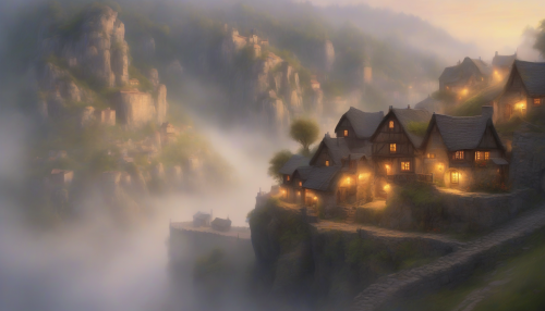 Picture a quaint village nestled atop a foggy cliff, where cobblestone paths wind between rustic cottages with glowing windows. Ethereal mist dances around the landscape, shrouding the scene in a dreamlike ambiance. Soft lantern light spills from doorways, while silhouettes of villagers appear and disappear in the haze, creating an intriguing blend of warmth and mystery amidst the towering cliffs.