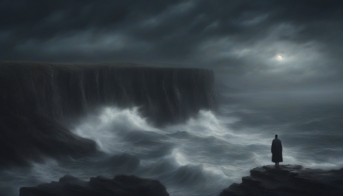 A lone figure stands at the edge of a stormy cliff, waves crashing below, with a somber sky and faint moonlight casting an eerie glow on the desperate soul, lost in thought and turmoil, as the fierce wind whispers secrets in their ear.