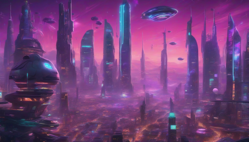 A futuristic cityscape unfolds on a distant planet, with neon skyscrapers and spaceships soaring through a swirling purple sky, as robots and aliens coexist in a bustling metropolis filled with holographic advertisements and advanced technology.