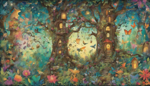 Immerse yourself in a whimsical world where towering trees stretch high into a sky filled with vibrant colors. This collage art style intertwines various textures and images of enchanting wildlife, luminescent plants, and hidden fairy doors. Each layer tells a story, inviting the viewer to explore the magical depths of an enchanted forest filled with wonder and mystery.