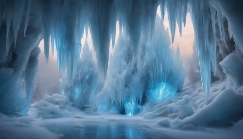 Imagine a stunning ice cavern where luminescent plants thrive, their vibrant colors contrasting against the shimmering blue and white ice formations. Bioluminescent flowers bloom amidst the frost, emitting a soft glow that dances along the icy walls. Above, delicate crystals hang like stars, reflecting light in mesmerizing patterns, while exotic creatures roam, adapting to this enchanting, frozen habitat.