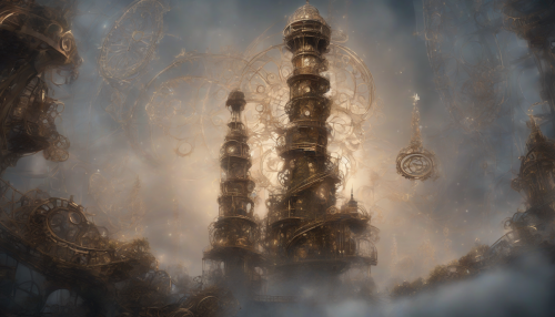 A towering masterpiece of artistry, the clockwork tower stands majestically amidst swirling mist, adorned with intricate gears and ethereal lights. Its surfaces blend organic forms and mechanical elegance, inviting the viewer into a whimsical realm. Delicate flora intertwines with bronze cogs, while time itself seems to dance in the air, creating an enchanting fusion of nature and technology.