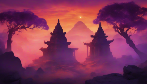 An ancient temple stands silhouetted against a vibrant sunset, its crumbling stones entwined with glowing vines and ethereal wisps of mist. Shadows dance as spectral figures emerge from the twilight, revealing secrets of a long-lost civilization. The sky bursts with hues of orange and purple, casting an enchanting glow that invites the viewer to explore this mystical world.