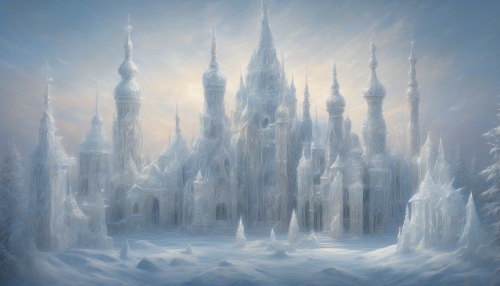 Icy spires pierce the frozen tundra sky, adorned with intricate Baroque carvings that shimmer in the pale light, as delicate frostwork and shimmering icicles dance across the landscape, evoking an ethereal beauty amidst the harsh, snow-covered expanse.