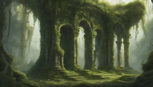 Majestic ruins of colossal beings lay scattered, overgrown with vines and moss, as a mystical aura permeates the desolate landscape, inviting exploration and discovery amidst the remnants of a bygone era.