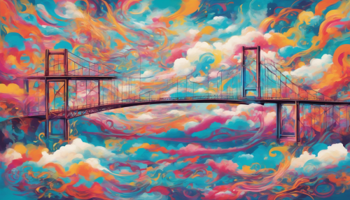 A vibrant, dreamy bridge suspends amidst swirling clouds, its pop art colors and bold patterns dancing across the sky, evoking a sense of weightless wonder and freedom.