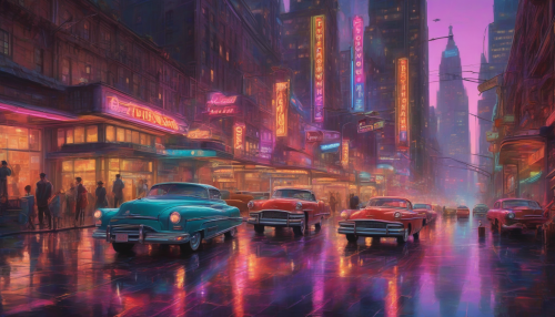 A vibrant, nostalgic cityscape at dusk, with neon lights reflecting off wet pavement, vintage cars, and retro-futuristic skyscrapers, evoking a sense of nostalgia and wonder in a bygone era of glamour and innovation.