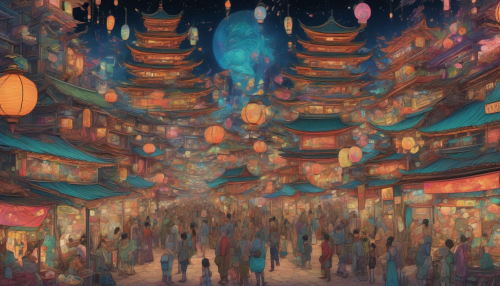 Vibrant alien species converge in a swirling, starry bazaar, reminiscent of ancient Japanese woodblock prints, with glowing lanterns and stalls overflowing with exotic wares, amidst a kaleidoscope of colors and bustling activity.