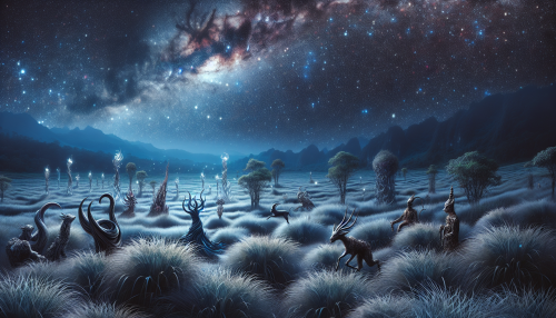 Legends of ancient winds whisper through the shimmering grasses, where ethereal spirits dance and mythical creatures roam, their footsteps carried on the cosmic breeze that sweeps across the endless, star-kissed expanse.