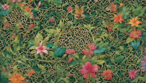 Vines and exotic flowers weave through intricate Islamic geometric patterns, as lush greenery and vibrant hues transport viewers deep into a tropical rainforest, blending ancient art with natural wonders.