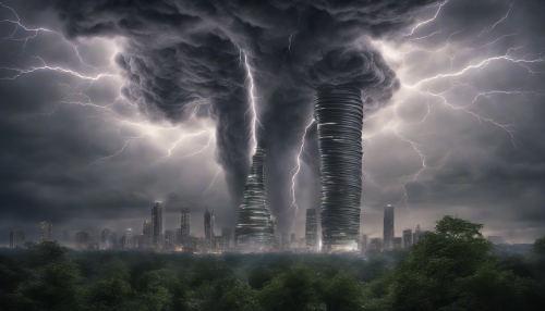 In a breathtaking fusion of technology and untamed nature, the image captures a swirling tornado, its eye clear and mesmerizing at the center. Surrounding it, sleek towers of modern architecture intertwine with towering trees, showcasing a stark contrast of steel and leaves. Lightning arcs across the sky, illuminating the tempestuous dance between human innovation and the raw power of the earth.