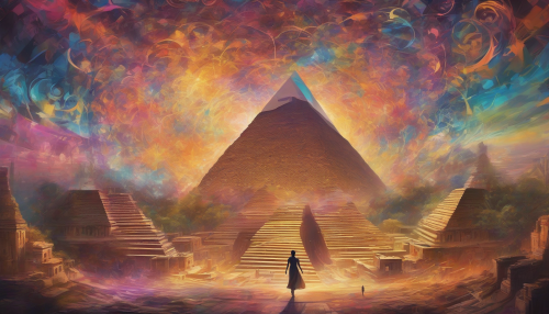 A swirling vortex transports a lone figure through a kaleidoscope of eras, with ancient pyramids, futuristic cities, and mystical forests blending together in a breathtaking dance of light and color.