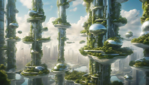 A futuristic cityscape where sleek, modern skyscrapers pierce the sky, supported by a series of majestic floating islands, creating a breathtaking aerial landscape of steel, glass, and lush greenery, blending innovative architecture with whimsical wonder.