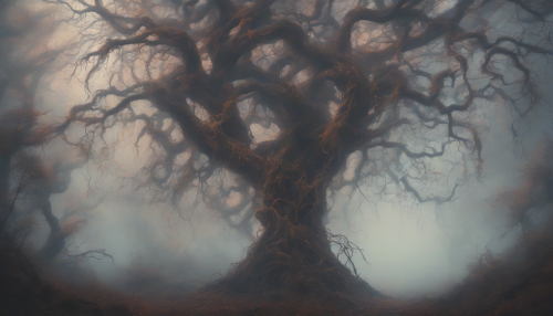 In a mystical realm, vibrant, twisted trees pierce the sky, their branches tangled with glowing vines, as lowbrow creatures roam, lost in an eternal, dreamlike haze, surrounded by eerie, shimmering mist that veils ancient secrets.