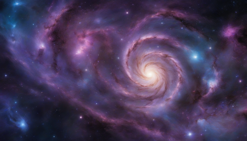 A swirling vortex of purple and blue gases, glittering stardust, and radiant celestial bodies, set against a backdrop of inky blackness, as a massive galaxy unfolds its majestic spiral arms, illuminating the infinite expanse of space with an ethereal glow.