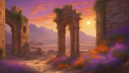 A breathtaking scene unfolds in a vast, sun-drenched desert, where ancient ruins emerge from golden sands. Ivy and wildflowers cling to crumbling stone façades, reflecting the beauty of decay. A dramatic sunset casts vibrant hues of orange and purple across the sky, while a soft breeze whispers through the remains, evoking a sense of longing and nostalgia for lost love.