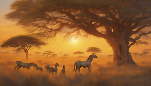 A stunning blend of fantasy and reality, this image unfolds a vibrant golden savannah bathed in the warm glow of an enchanting sunset. Towering acacia trees stretch across the horizon, while mythical creatures like graceful unicorns and majestic griffins roam freely among the tall grasses. Wisps of magic dance in the air, inviting viewers into a world where nature and fantasy intertwine seamlessly.