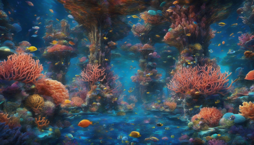 Dive into a fantastical underwater world where a vibrant coral city thrives amidst the deep blue ocean. This surreal landscape features intricate coral structures resembling modern architecture, illuminated by bioluminescent flora. Schools of colorful fish swim through curvaceous passageways, while ethereal light filters through the water's surface, creating a magical ambiance that invites exploration and wonder.