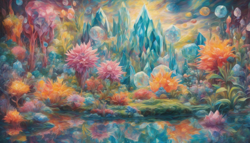 In this fusion of Post-Impressionism and surreal fantasy, the artwork titled 'Crystal Eden' vividly presents a whimsical world of Floating Crystal Gardens. Bold brush strokes and exaggerated colors reminiscent of Van Gogh mirror the shimmering facets of floating crystals subtly shaped to form exotic gardens. The artwork excels in juxtaposing the tangible and ethereal, making the unreal seem palpable. The dynamic interaction between light and shadow, the textured feel of the crystals and the surreal floating element altogether create an immersive dreamscape, inviting the viewer to lose themselves in the kaleidoscopic beauty.