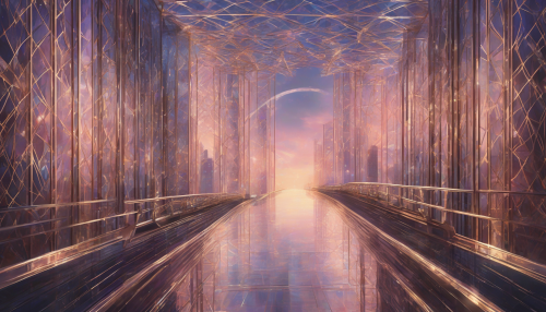 Delicate lattice patterns dance across the sky bridge, infused with an iridescent glow, as sleek Art Deco lines blend with celestial beauty, evoking an otherworldly ambiance amidst shimmering skyscrapers.