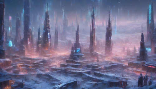 In a vast frozen tundra, towering ice spires rise majestically, glistening with vibrant neon lights that pierce the cold night air. A bustling cyberpunk city sprawls at their base, where holographic billboards flicker against the stark white landscape. Snowflakes dance in the wind, contrasting the high-tech architecture, creating a mesmerizing fusion of nature's chill and human innovation in this otherworldly, wintry metropolis.