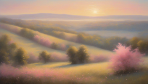 A warm, golden light spreads across a serene landscape, with gentle brushstrokes of pink and blue, as morning mist rises from the rolling hills, and trees stand tall, their leaves rustling softly in the quiet breeze of a peaceful summer morning.