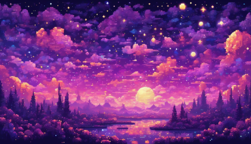 A vibrant, starry night sky unfolds with swirling purple clouds, shimmering stardust, and radiant moons, all crafted in mesmerizing pixel art style, transporting viewers to a celestial realm of wonder and enchantment, full of magic and mystery.