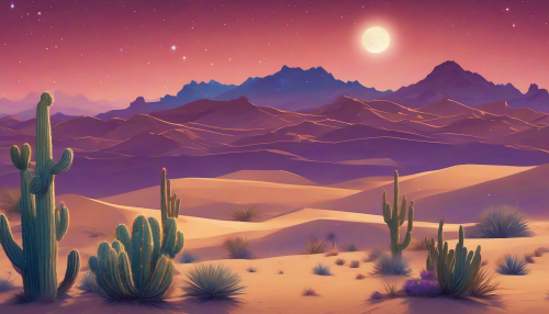 Envision a vast desert under a radiant night sky filled with shimmering stars, where the warm hues of the golden sand clash with the cool blues and purples of twilight. Jagged mountains loom in the distance, casting sharp contrasts against the soft curves of the dunes. A solitary cactus stands proud, its silhouette stark against the celestial canvas, embodying resilience amidst contrasting elements.