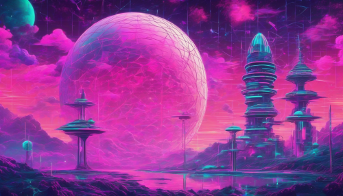 Immerse yourself in a stunning celestial observatory, bathed in vibrant vaporwave hues of pink, purple, and teal. Tall, retro-futuristic structures tower amidst a starry sky, where cosmic bodies swirl and pulsate. Neon grid patterns stretch across the foreground, blending harmoniously with ethereal clouds and shimmering constellations, evoking a surreal sense of wonder and nostalgia.