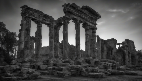 Capture the haunting beauty of ancient ruins silhouetted against a vibrant sunset, rendered in striking black and white. The intricate textures of weathered stone and crumbling columns reflect the passage of time, while the fading light casts dramatic shadows, evoking a sense of mystery and nostalgia. This image embodies the timeless allure of history intertwined with nature’s fleeting moments.