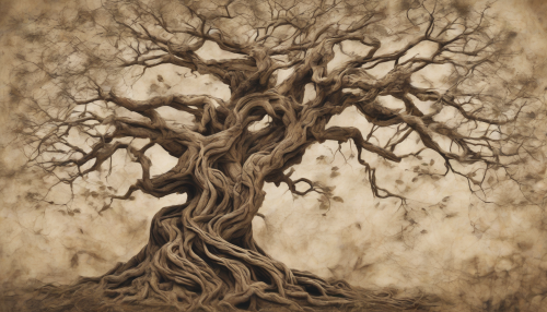 This ancient tree's gnarled branches weave together threads of diverse cultures, its bark etched with symbols of forgotten wisdom, as leaves whisper secrets to the wind, blending traditions in an eternal dance of cross-cultural harmony.