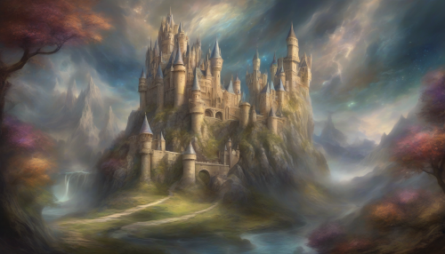 Majestic castles swirl through swirling vortexes, transporting fantasy worlds to mystical realms, where magic and wonder await in an eternal dance of time and space.