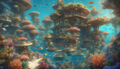 A vibrant underwater city filled with coral formations, where families reside in cozy, glowing abodes, surrounded by marine life, and enjoy a unique, thriving community that balances technology and nature in harmony.