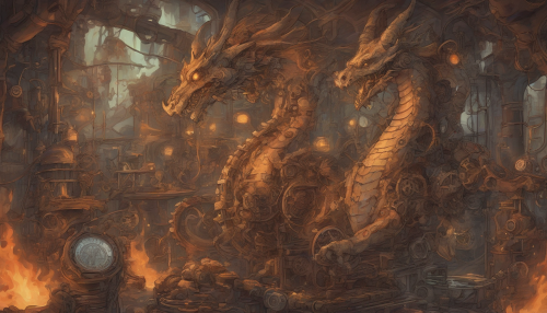 A Lowbrow art-inspired mechanical dragon's lair, where gears and cogs entwine with scales, sparks fly amidst smoky flames, and vintage sci-fi elements blend with mystical atmosphere.