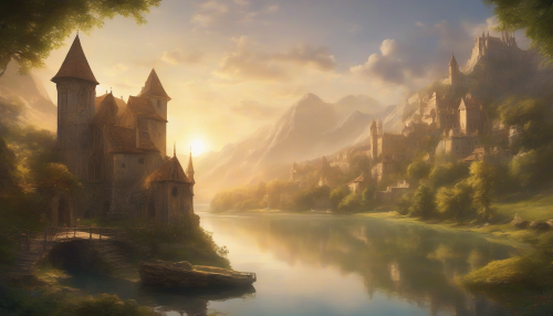 A serene Hidden Mountain Lake shines under a warm, golden sunset, surrounded by lush greenery and mystical medieval architecture, with subtle hints of mist and an enchanting, dreamlike ambiance that invites exploration and tranquility.