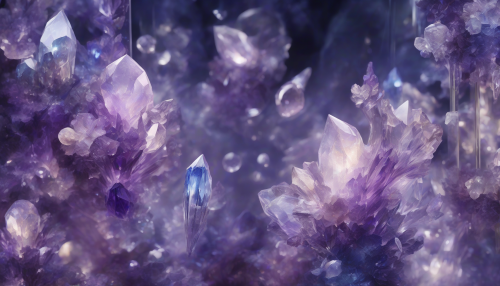 Amidst a dreamlike atmosphere, delicate crystals suspended in mid-air form an enchanting garden, their facets reflecting shimmering hues of sapphire and amethyst, as gentle, luminous mist wafts through the serene and mystical space, evoking an otherworldly sense of wonder.